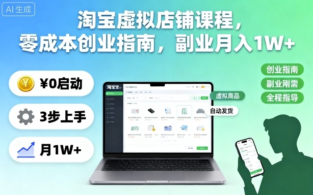 淘宝虚拟店铺课程，零成本创业指南，副业月入1W+-三月轻创