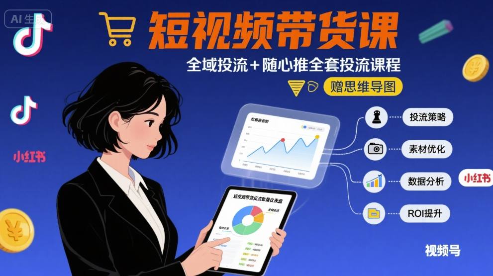 最新短视频带货课，全域投流+随心推全套投流课程+思维导图-三月轻创