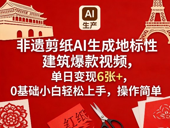 非遗剪纸AI生成地标性建筑爆款视频，单日变现6张+，0基础小白轻松上手，操作简单-三月轻创