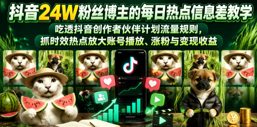 抖音24W粉丝博主的每日热点信息差教学，吃透创作者伙伴计划流量规则，抓时效热点放大账号播放、涨粉与变现收益-三月轻创