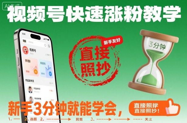 视频号快速涨粉教学，新手3分钟就能学会，直接照抄！-三月轻创