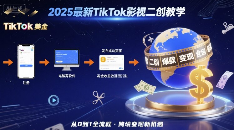 2025年最新TikTok影视二创教学，从注册到发布撸美金全流程，跨境变现新机遇-三月轻创