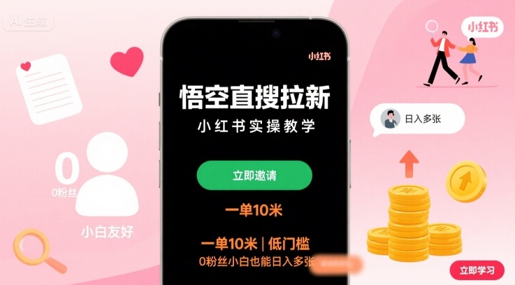 悟空直搜拉新小红书实操教学，一单10米，低门槛，0粉丝小白也能日入多张-三月轻创