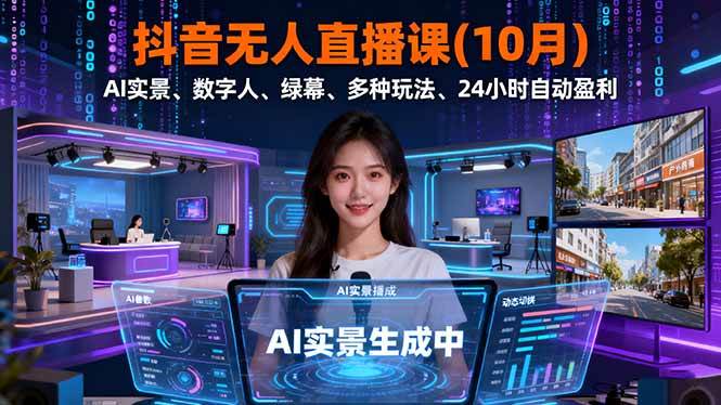 （16355期）抖音无人直播课(10月)，AI实景、数字人、绿幕、多种玩法、24小时自动盈利-三月轻创