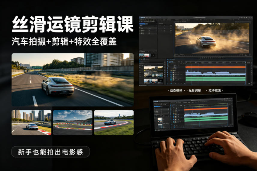 大叔丝滑运镜剪辑课，汽车拍摄+剪辑+特效全覆盖，新手也能拍出电影感-三月轻创