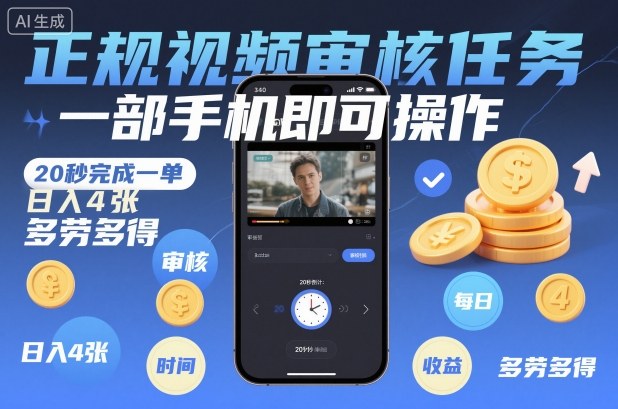 正规视频审核任务，一部手机即可操作，20秒完成一单，日入4张，多劳多得【揭秘】-三月轻创