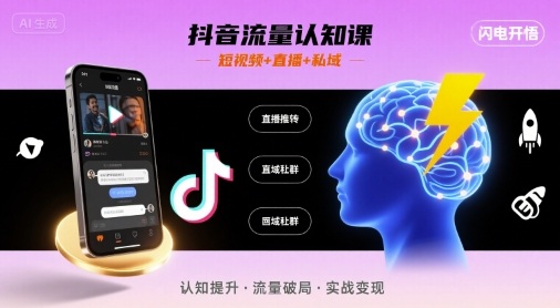 抖音流量认知课，短视频+直播+私域，认知提升，闪电开悟-三月轻创