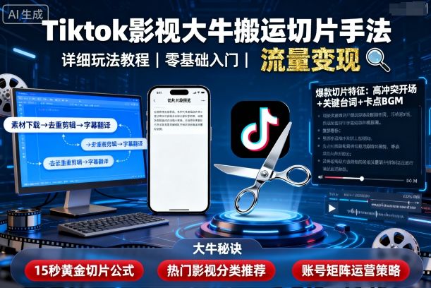 Tiktok影视大牛搬运切片手法，详细玩法教程-三月轻创