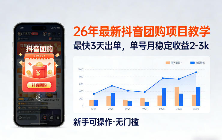 26年最新抖音团购项目教学，0门槛，最快3天出单，单号月稳定收益2-3k-三月轻创