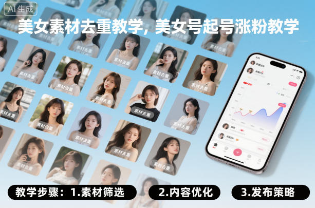 美女素材去重教学，美女号起号涨粉教学-三月轻创