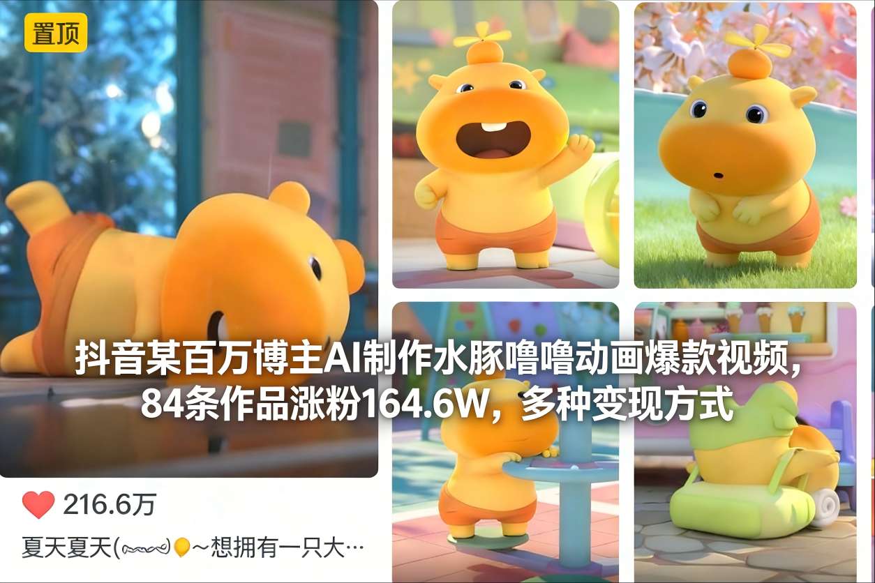 抖音某百万博主AI制作水豚噜噜动画爆款视频，84条作品涨粉164.6W，多种变现方式-三月轻创