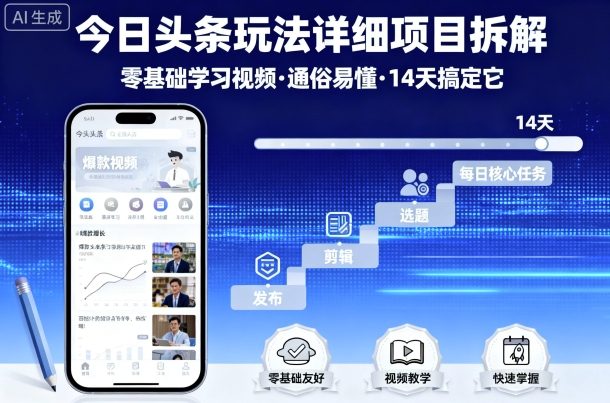 今日头条玩法详细项目拆解，零基础学习视频 通俗易懂 14天搞定它-三月轻创