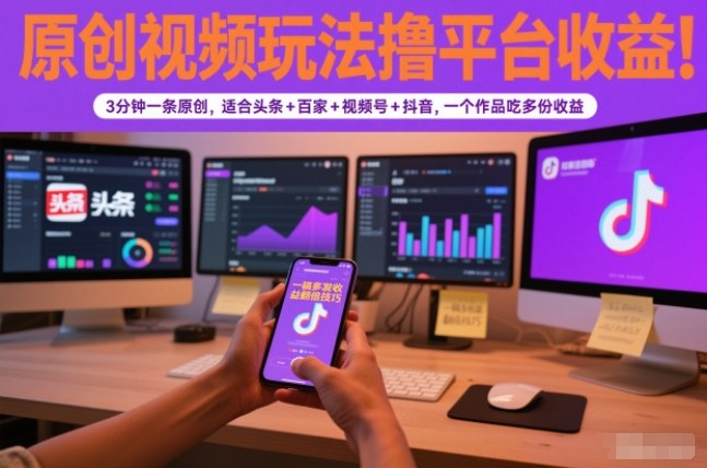 原创视频玩法撸平台收益，3分钟一条原创，适合头条+百家+视频号+抖音，一个作品吃多份收益-三月轻创