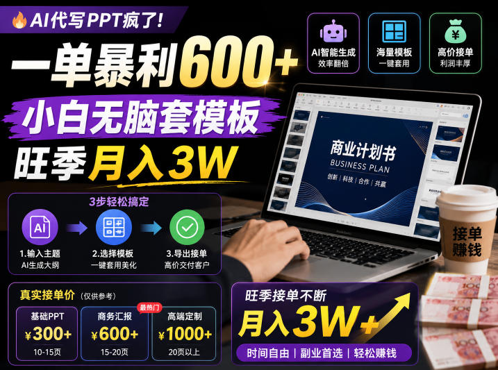 AI代写PPT疯了!一单暴利600+,小白无脑套模板,旺季月入3W,不用苦哈哈引流【揭秘】-三月轻创