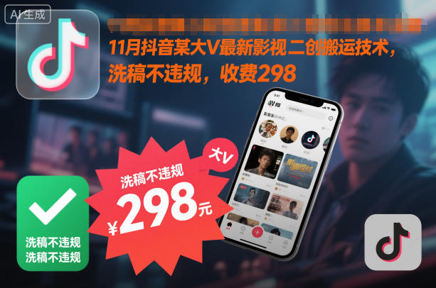 11月抖音某大V最新影视二创搬运技术，洗稿不违规，收费298-三月轻创
