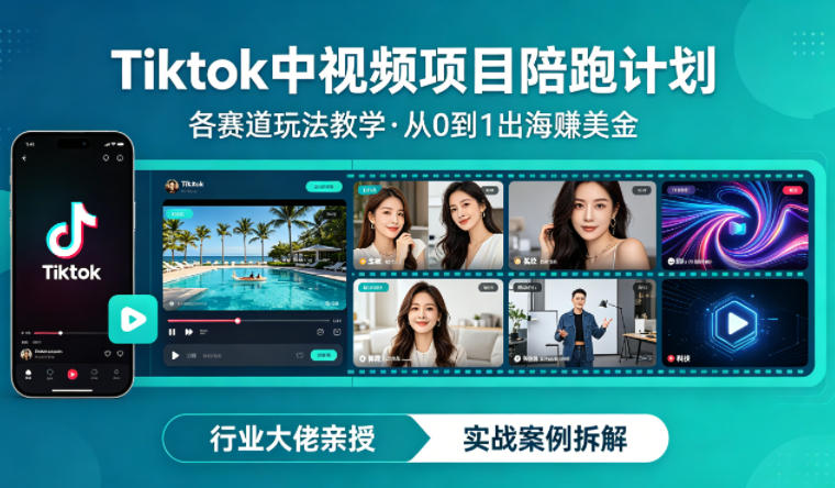 某大佬的Tiktok中视频项目陪跑，涵盖TK各个赛道玩法教学，从0到1出海賺美金-三月轻创