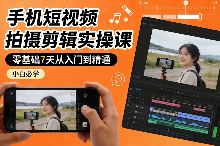 手机短视频拍摄剪辑实操课，零基础7天从入门到精通，小白必学-三月轻创