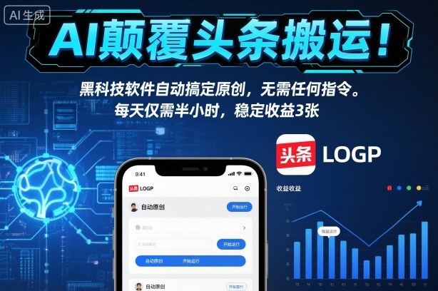 AI颠覆头条搬运！黑科技软件自动搞定原创，无需任何指令。每天仅需半小时，稳定收益3张【揭秘】-三月轻创