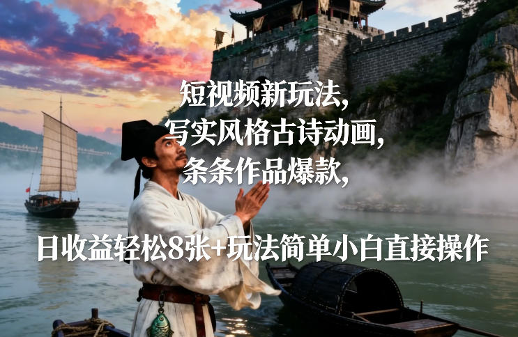 短视频新玩法，写实风格古诗动画，条条作品爆款，日收益轻松8张+玩法简单小白直接操作-三月轻创