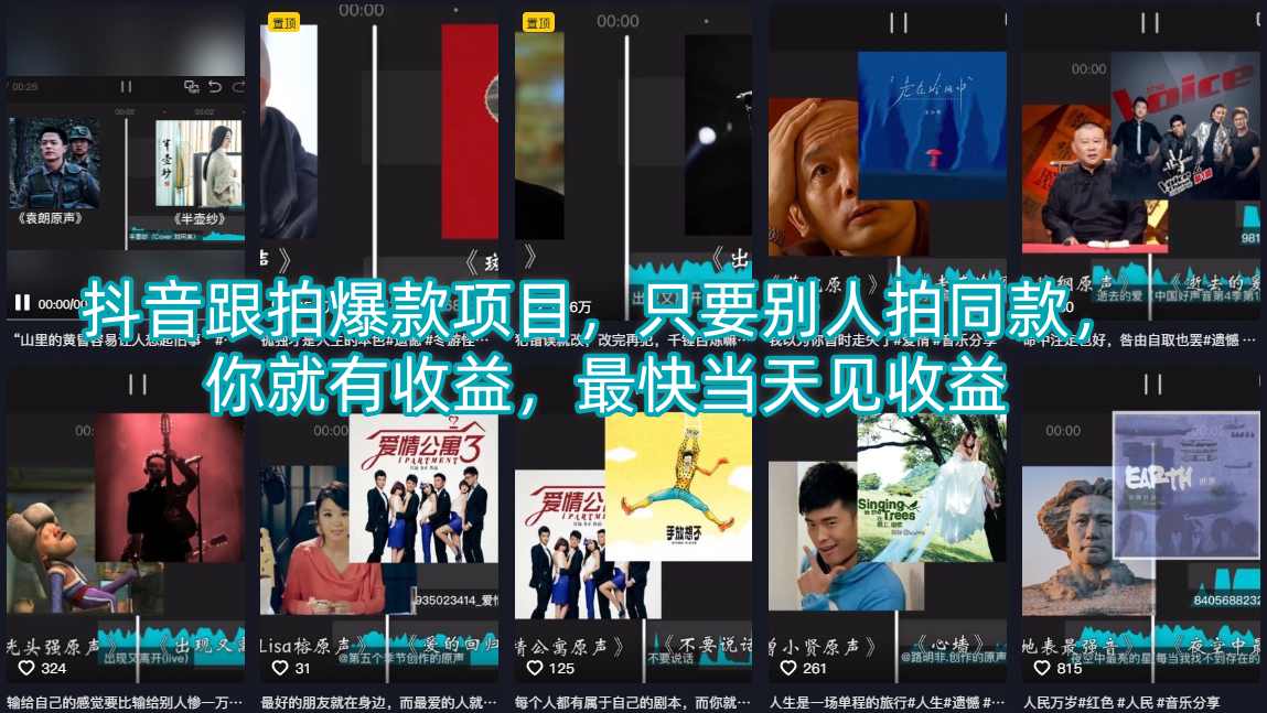 抖音跟拍爆款项目，只要别人拍同款，你就有收益，最快当天见收益-三月轻创