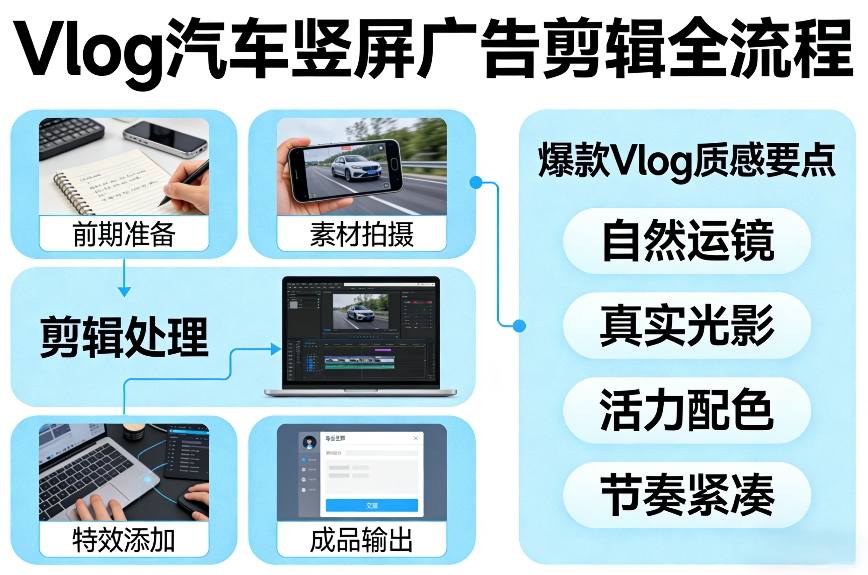 Vlog感觉汽车竖屏广告剪辑脚本全流程，拿捏爆款Vlog质感-三月轻创