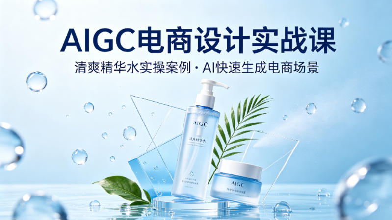 AIGC电商设计实战课，以清爽精华水为实操案例，教你用AI快速生成电商场景-三月轻创