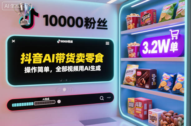 抖音AI带货卖零食，操作简单，全部视频用AI生成，一万粉丝，卖了3.2W单-三月轻创