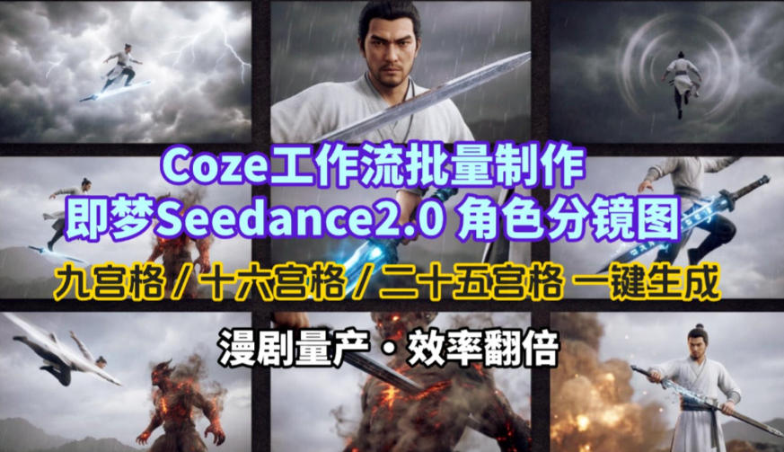 Coze工作流批量制作即梦Seedance2.0角色分镜图，九宫格-十六宫格-二十五宫格一键生成，漫剧量产，效率翻倍-三月轻创