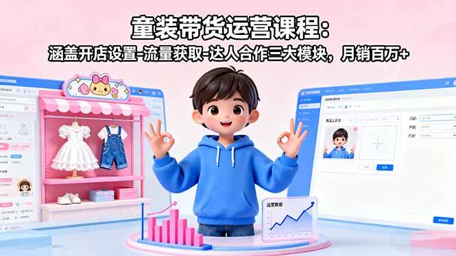 （16081期）童装带货运营课程：涵盖开店设置-流量获取-达人合作三大模块，月销百万+-三月轻创