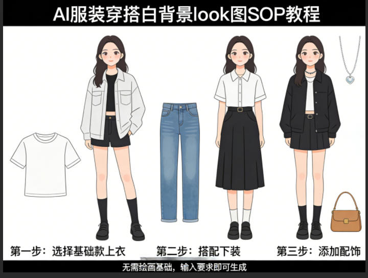 AI服装穿搭白背景look图SOP教程，不用会画画，提几句具体要求，AI就能还你一个奇迹-三月轻创