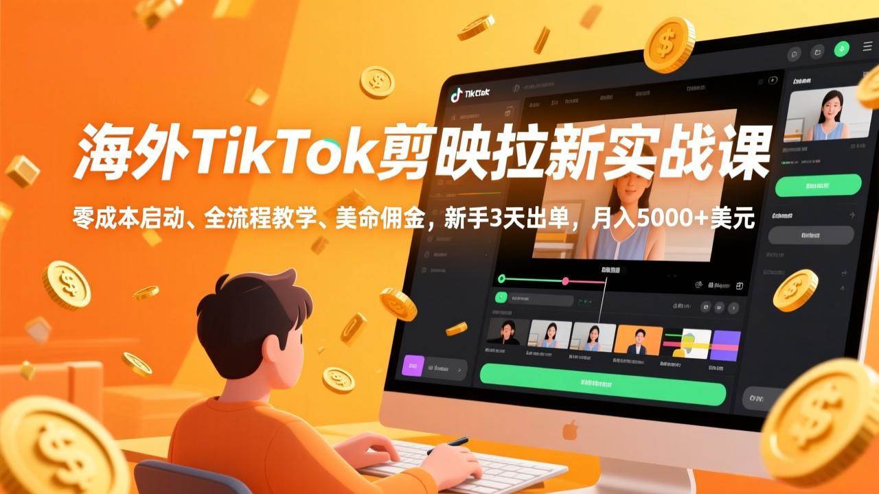 （17340期）海外TikTok剪映拉新实战课，零成本启动、全流程教学、美金佣金，新手3天出单，月入5000+美元-三月轻创
