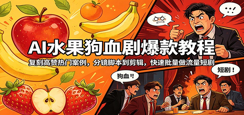 AI水果狗血剧爆款教程：复刻高赞热门案例，分镜脚本到剪辑，快速批量做流量短剧-三月轻创