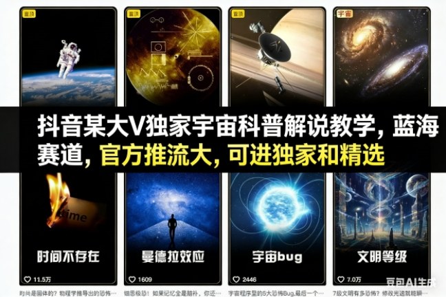 抖音某大V独家宇宙科普解说教学，蓝海赛道，官方推流大，可进独家和精选-三月轻创