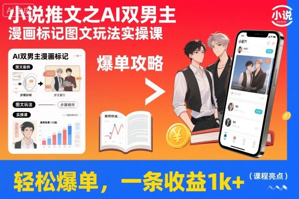 小说推文之AI双男主漫画标记图文玩法实操课，轻松爆单，一条收益1k+-三月轻创