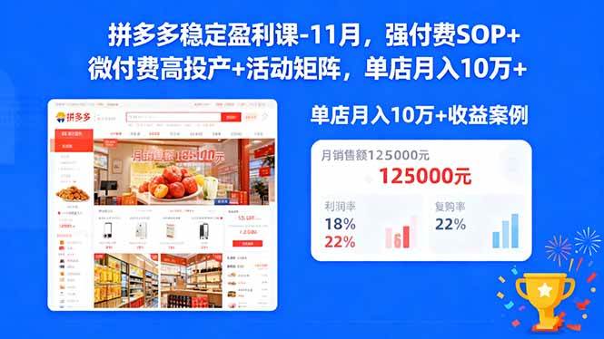 （16473期）拼多多稳定盈利课-11月，强付费SOP+微付费高投产+活动矩阵，单店月入10万+-三月轻创
