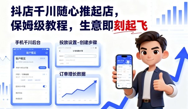 抖店千川随心推起店，保姆级教程，生意即刻起飞-三月轻创