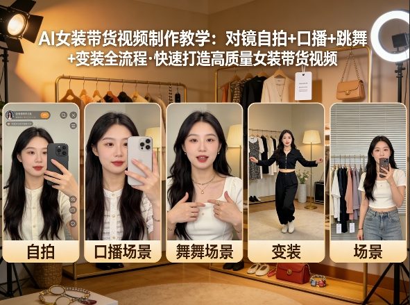 AI女装带货视频制作教学，对镜自拍、口播、跳舞、变装全流程，快速打造高质量女装带货视频-三月轻创