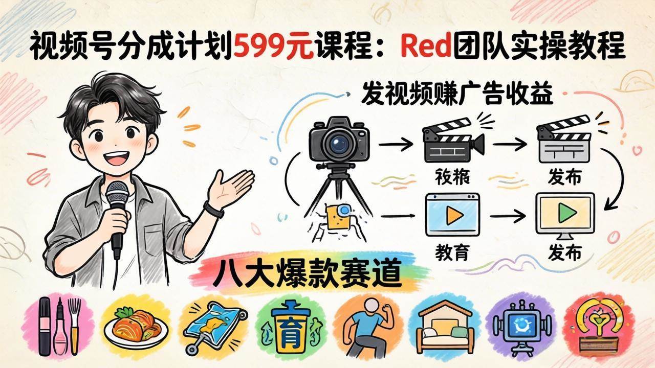 （18088期）视频号分成计划599元课程：Red团队实操教程，发视频赚广告收益，八大爆款赛道全掌握-三月轻创