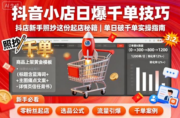 抖音小店日爆千单技巧，抖店新手照抄这份起店秘籍，单日破千单-三月轻创