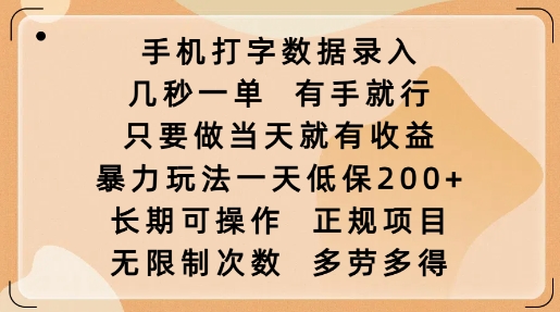 手机打字数据录入，几秒一单，有手就行，只要做当天就有收益，暴力玩法一天低保2张-三月轻创