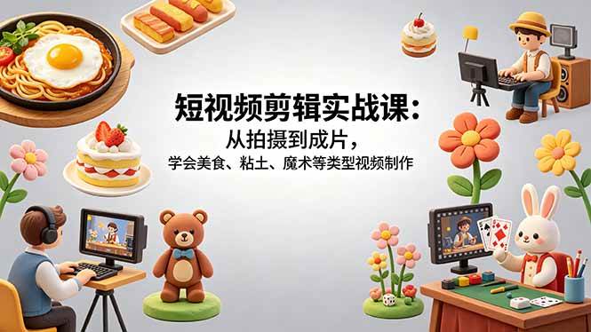 （18375期）短视频剪辑实战课：从拍摄到成片，学会美食、粘土、魔术等类型视频制作-三月轻创