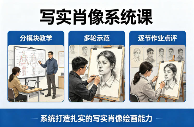 写实肖像系统课，全程分模块教学+多轮示范+逐节作业点评，系统打造扎实的写实肖像绘画能力-三月轻创
