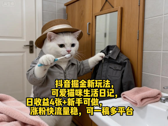 抖音掘金新玩法,可爱猫咪生活日记,日收益4张+新手可做,涨粉快流量稳,可一稿多平台-三月轻创