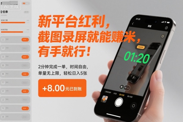 新平台红利，截图录屏就能賺米，有手就行！2分钟完成一单，时间自由，单量无上限，轻松日入5张【揭秘】-三月轻创