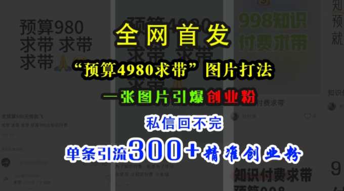 小红书“预算4980带我飞”图片打法，一张图片引爆创业粉，私信回不完，单条引流300+精准创业粉-三月轻创