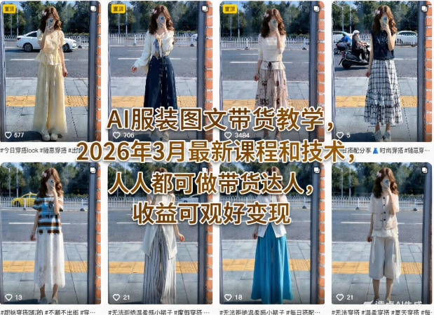 AI服装图文带货教学,2026年3月最新课程和技术,人人都可做带货达人,收益可观好变现-三月轻创
