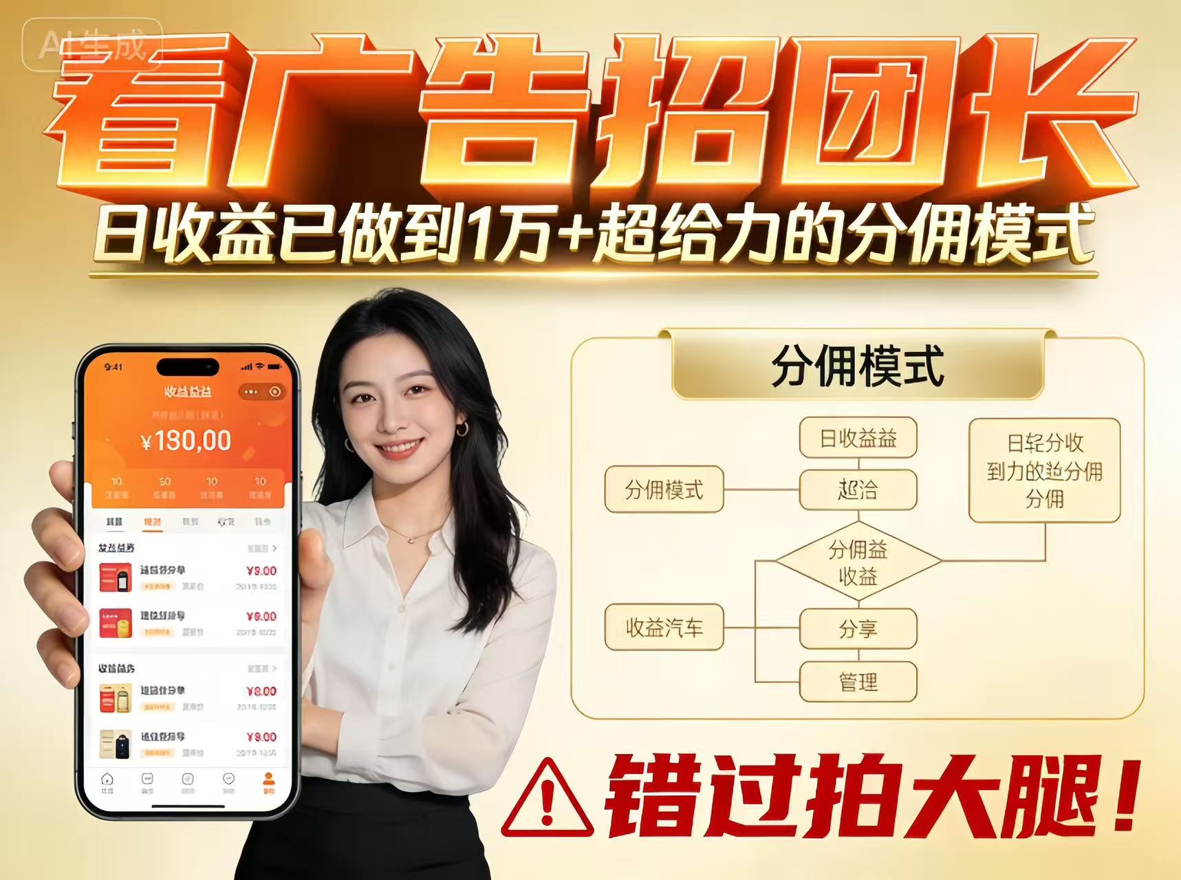 看广告招团长，团队收益已做到日入1万，分佣模式超给力，错过拍大腿-三月轻创