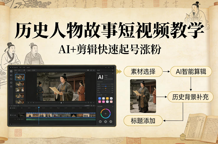 历史人物故事短视频教学，AI+剪辑制作历史人物题材短视频，快速起号涨粉-三月轻创