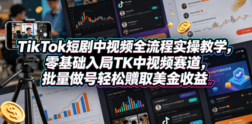 TikTok短剧中视频全流程实操教学，零基础入局TK中视频赛道，批量做号轻松賺取美金收益-三月轻创