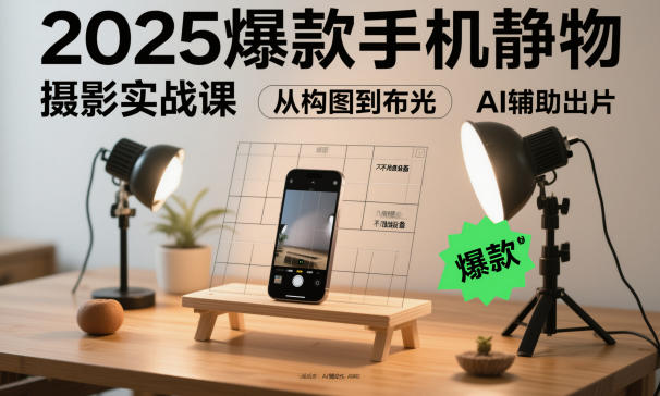 2025爆款手机静物摄影实战课，从构图到布光，不用贵设备，AI辅助出片-三月轻创